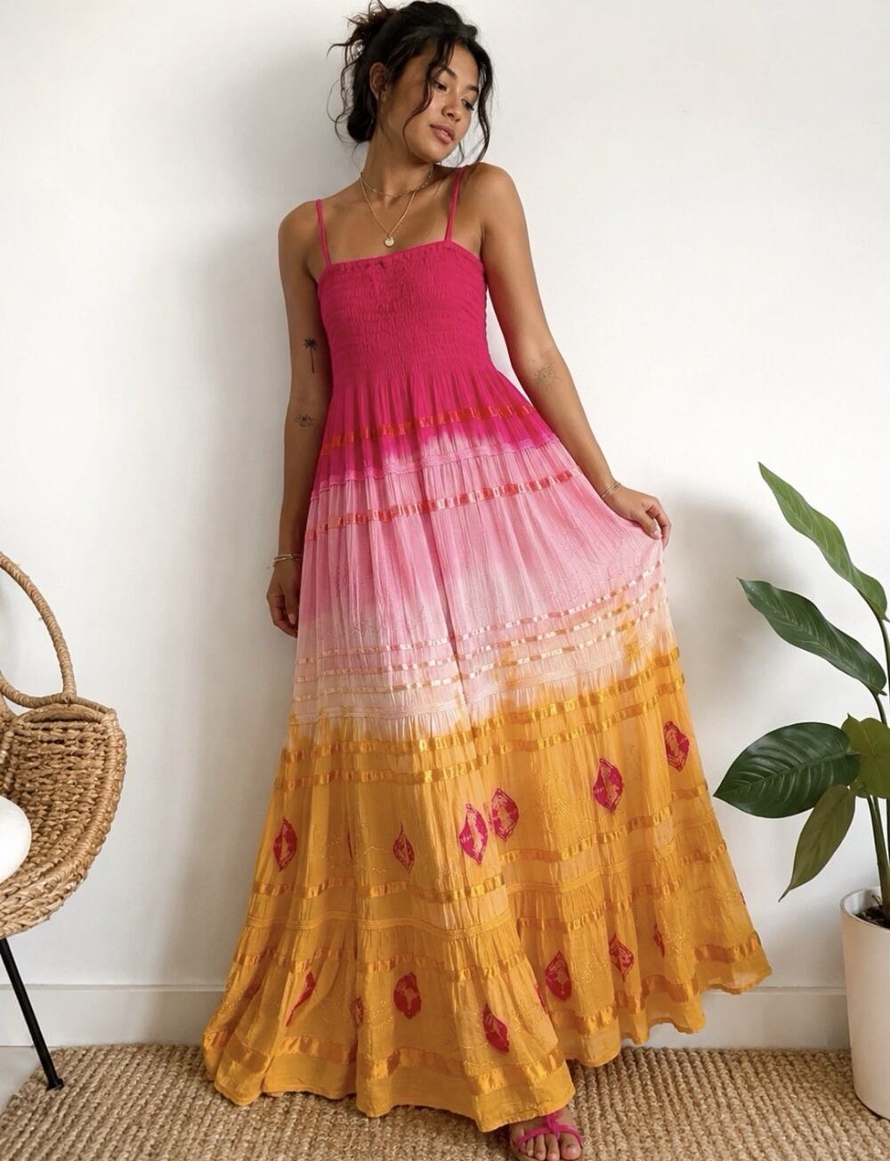 Jackpot India Boho Ctn Maxi Dress Pink Yellow Ombre Smocked Tiered Sundress OS